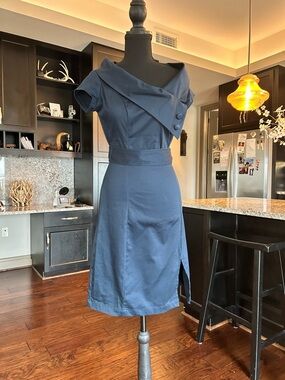 Classic Navy Sheath Dress with Draped Collar